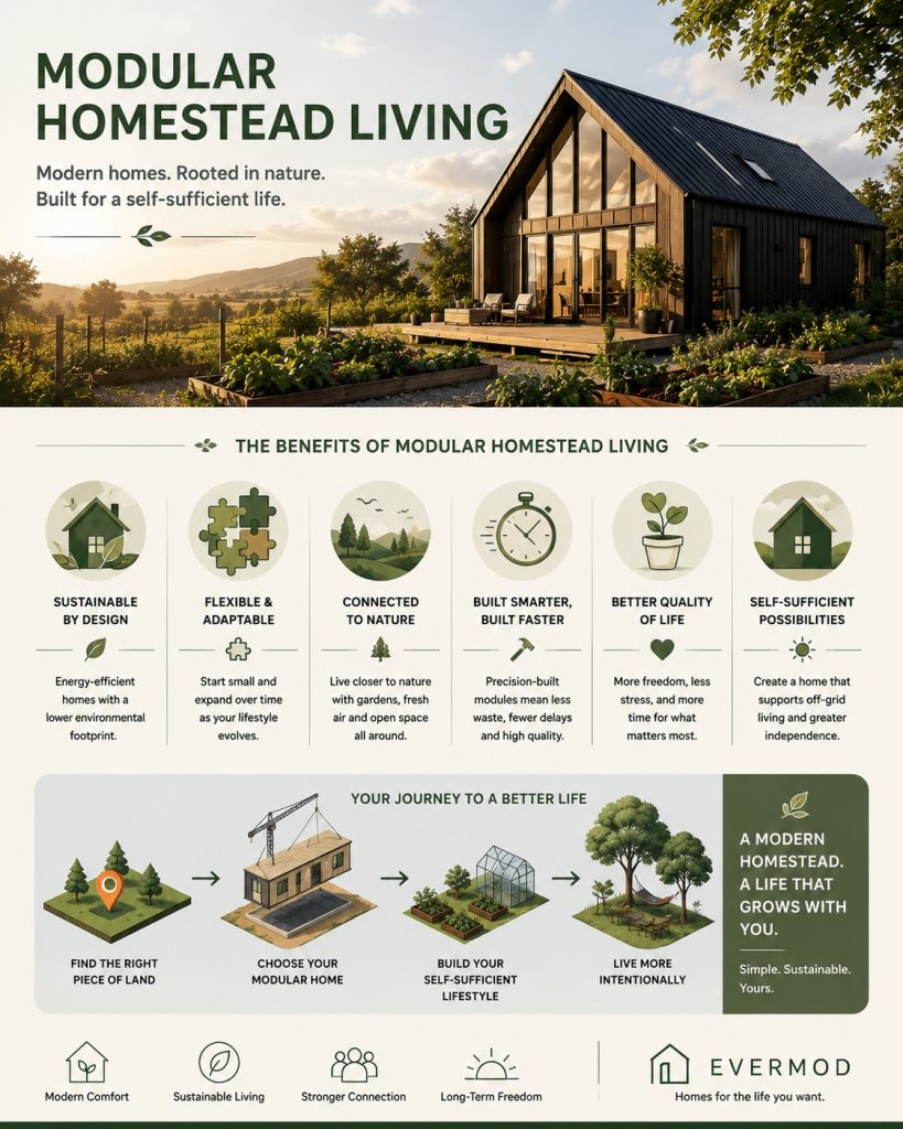 Modular Homestead Living: How Barn-Style Modular Homes Are the Secret to Self-Sufficient Living in Europe 3 An infographic with the most relevant information about modular homesteading in Europe.
