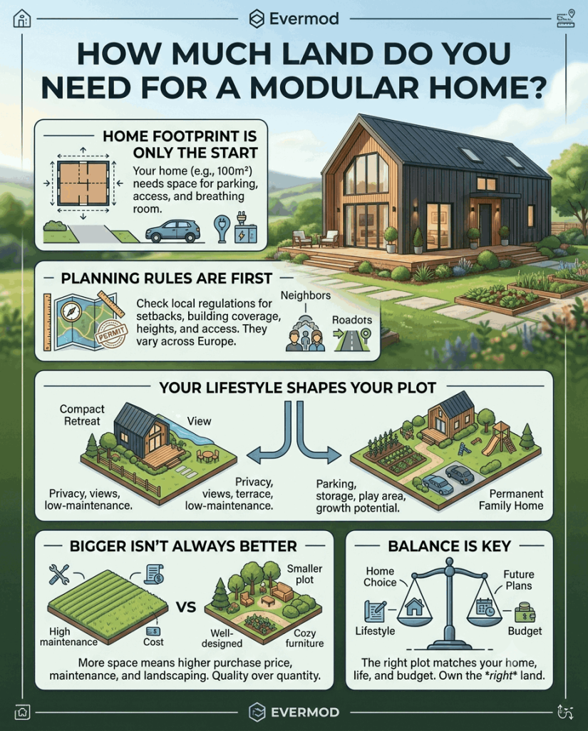 Visual infographic representing a question regarding how much land do you need in Europe to build a modular home